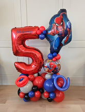 Load image into Gallery viewer, Balloon arrangement with number '5' and Spider-Man design on a light background
