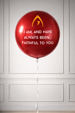 Load image into Gallery viewer, Red balloon with text and logo on a white paneled wall
