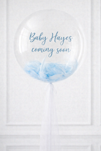 Load image into Gallery viewer, Clear balloon with blue text 'Baby Hayes coming soon' on a white background
