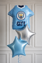 Load image into Gallery viewer, Manchester City-themed balloon shaped like a jersey and stars on a white paneled background
