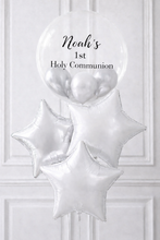 Load image into Gallery viewer, White star-shaped balloons with 'Noah's 1st Holy Communion' text on a white paneled background
