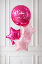 Load image into Gallery viewer, Pink and red balloons with 'Katie turns 30' text on a white paneled background

