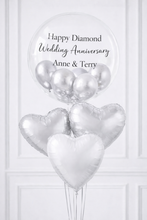 Load image into Gallery viewer, Silver heart-shaped balloons with 'Happy Diamond Wedding Anniversary Anne &amp; Terry' text on a white background
