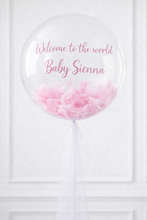 Load image into Gallery viewer, Transparent balloon with pink floral design and text 'Welcome to the world Baby Sienna' on a white background
