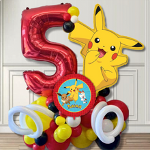 Load image into Gallery viewer, Balloon arrangement with number 5 and Pikachu character against a white wall.
