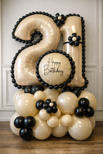Load image into Gallery viewer, Balloon arrangement in the shape of the number '21' with a 'Happy Birthday' message on a neutral background.

