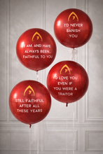 Load image into Gallery viewer, Red balloons with humorous text on a textured wall background
