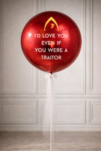 Load image into Gallery viewer, Red balloon with text and logo against a white paneled wall
