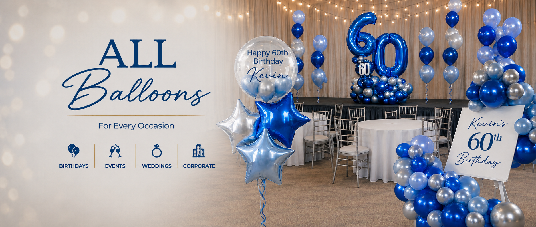 Blue and silver balloon decoration set for a 60th birthday celebration, featuring a balloon bouquet, a large '60' number balloon, and balloon garlands, shown in a decorated event hall with tables and string lights.