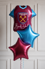 Load image into Gallery viewer, Balloon shaped like a West Ham United football shirt with 'Best Dad' text on a white paneled background
