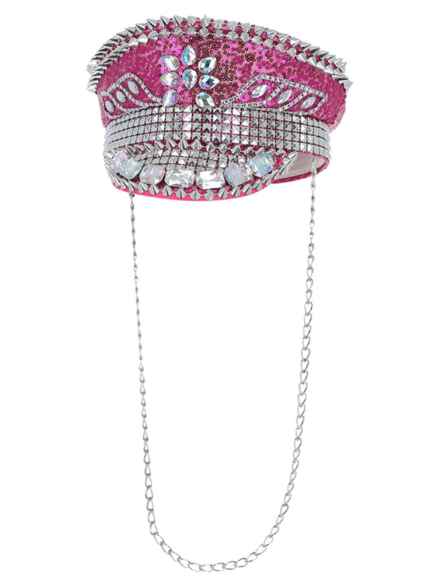 Fever Deluxe Sequin Studded Captains Hat, Hot Pink