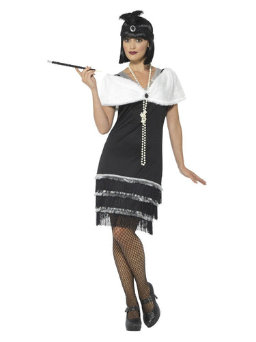 Flapper Costume, Black, with Dress & Fur Stole