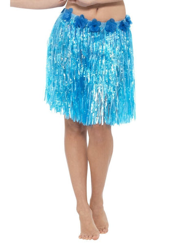 Hawaiian Hula Skirt with Flowers, Neon Blue