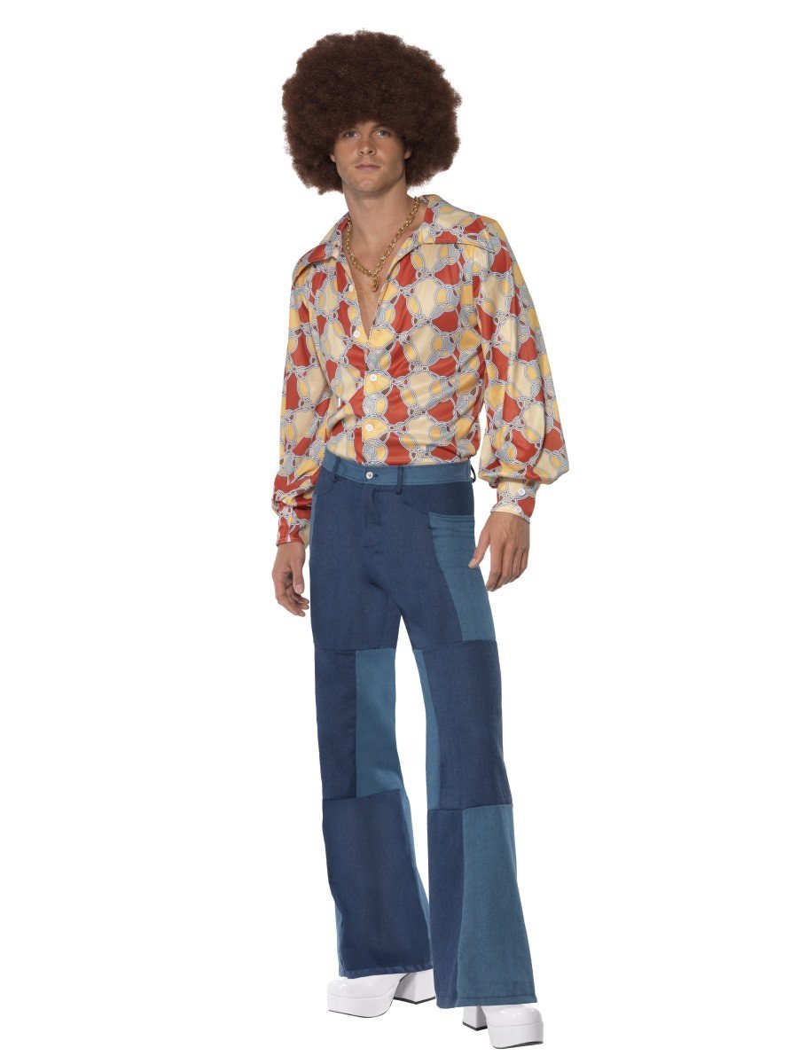 70s Patchwork Denim Look Deluxe Mens Blue Flares 70s Patchwork Denim Look Deluxe Mens Blue Flares