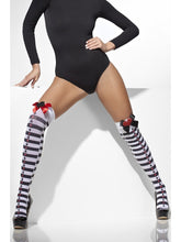 Load image into Gallery viewer, Opaque Hold-Ups, Black &amp; White, Striped with Red Bows Alternative View 1.jpg
