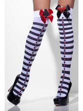 Load image into Gallery viewer, Opaque Hold-Ups, Black &amp; White, Striped with Red Bows
