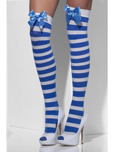 Load image into Gallery viewer, Opaque Hold-Ups, Blue &amp; White, Striped with Bows Alternative View 1.jpg
