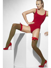 Load image into Gallery viewer, Opaque Hold-Ups, Red &amp; Green, Striped with Bows Alternative View 2.jpg
