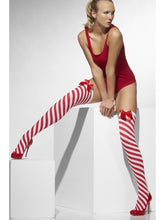 Load image into Gallery viewer, Opaque Hold-Ups, Red &amp; White, Striped with Bows Alternative View 1.jpg
