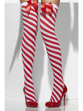 Load image into Gallery viewer, Opaque Hold-Ups, Red &amp; White, Striped with Bows Alternative View 2.jpg
