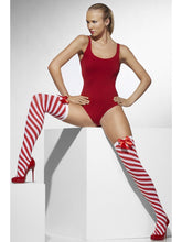 Load image into Gallery viewer, Opaque Hold-Ups, Red &amp; White, Striped with Bows
