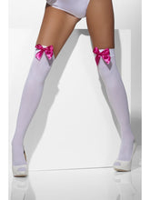 Load image into Gallery viewer, Opaque Hold-Ups, White, with Fuchsia Bows Alternative View 1.jpg
