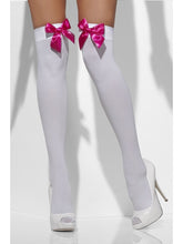 Load image into Gallery viewer, Opaque Hold-Ups, White, with Fuchsia Bows Alternative View 2.jpg
