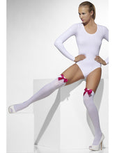 Load image into Gallery viewer, Opaque Hold-Ups, White, with Fuchsia Bows
