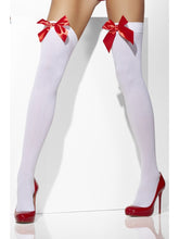 Load image into Gallery viewer, Opaque Hold-Ups, White, with Red Bows Alternative View 1.jpg
