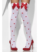 Load image into Gallery viewer, Opaque Hold-Ups, White, with Red Bows and Heart Print Alternative View 1.jpg
