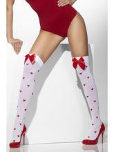 Load image into Gallery viewer, Opaque Hold-Ups, White, with Red Bows and Heart Print
