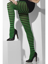 Load image into Gallery viewer, Opaque Tights, Green &amp; Black, Striped Alternative View 1.jpg

