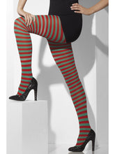 Load image into Gallery viewer, Opaque Tights, Red &amp; Green, Striped Alternative View 1.jpg
