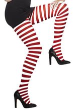 Load image into Gallery viewer, Opaque Tights, Red &amp; White, Striped Alternative View 1.jpg
