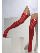 Load image into Gallery viewer, Sheer Hold-Ups, Red, Vertical Stripes and Cross Print Alternative View 2.jpg
